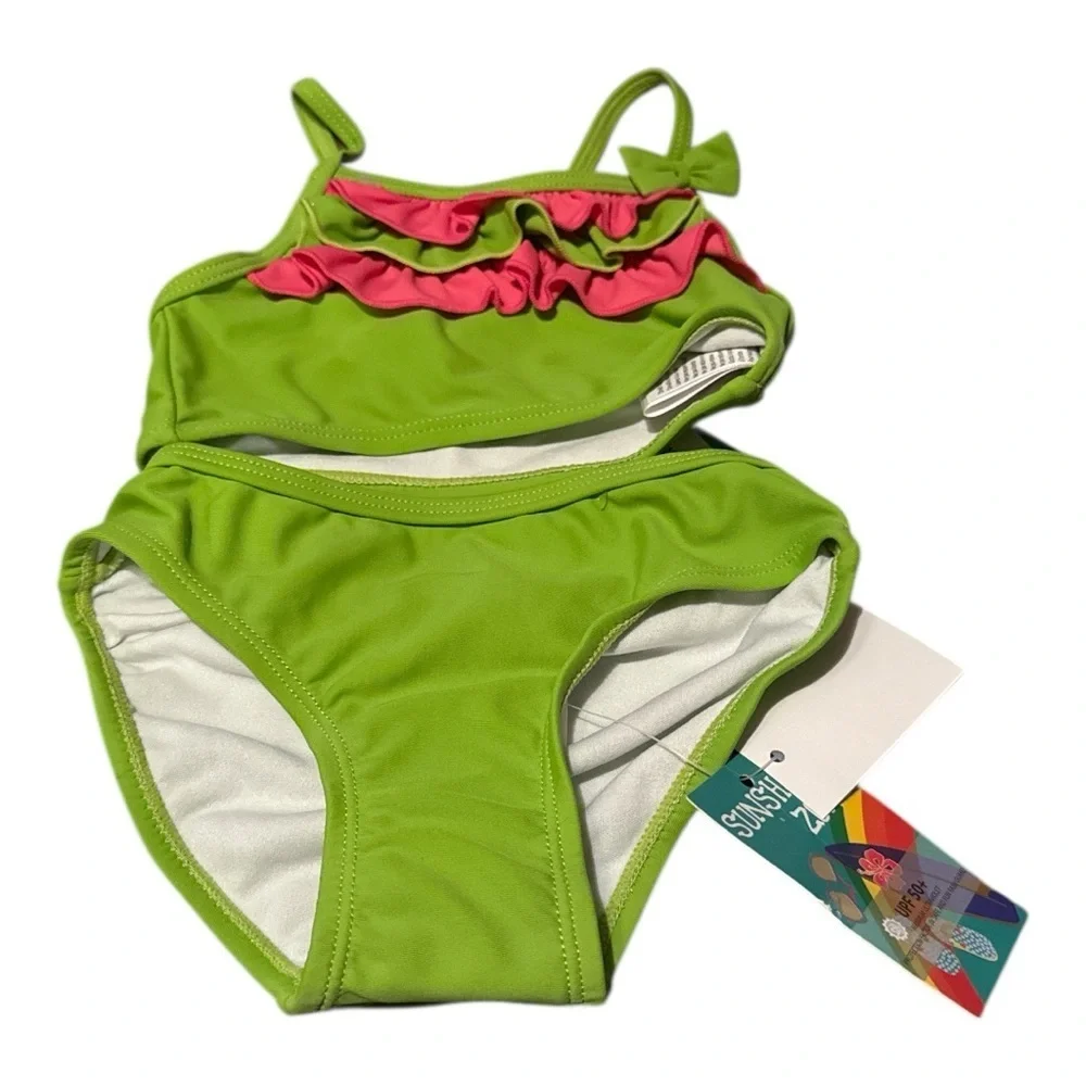 Lime Green and Pink Ruffles  Kids Bikini swim suitSize 12 months UFP 50 beach